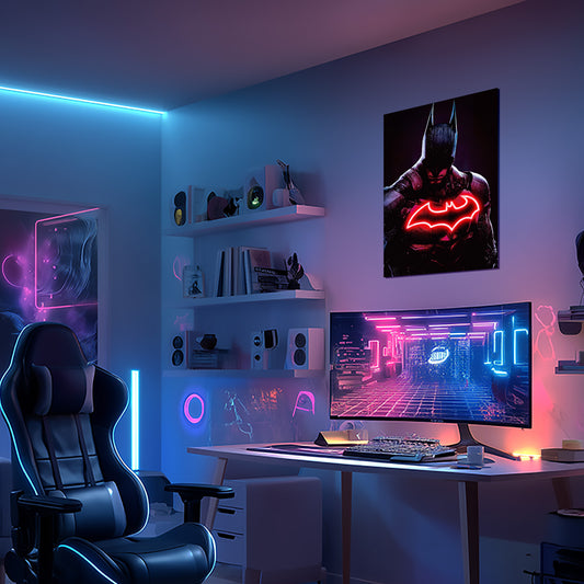 singeee batman neon poster and neon sign in bed room