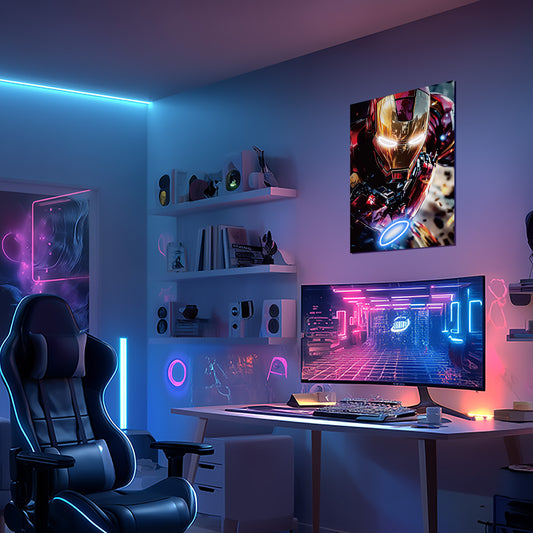 singeee iron man neon poster and sign in fashion gaming room with gaming chair