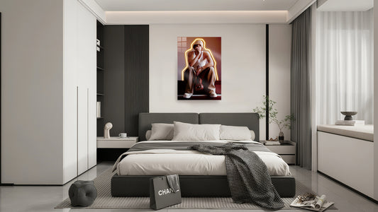 singeee jackson wang neon poster and orange neon sign in white grey bed room