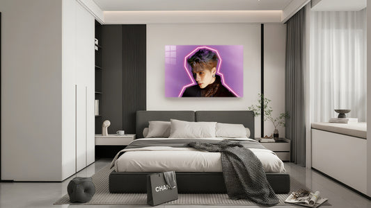 singeee jackson wang neon poster and pink neon sign in bed room