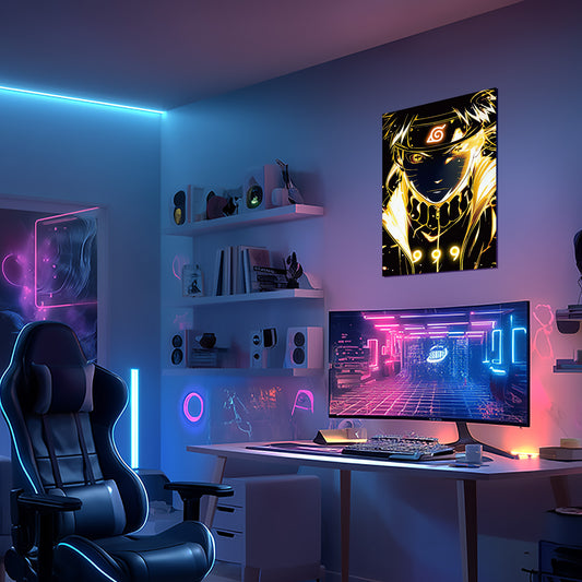 Singeee Naruto gold neon poster and sign on wall in game room with gaming chair