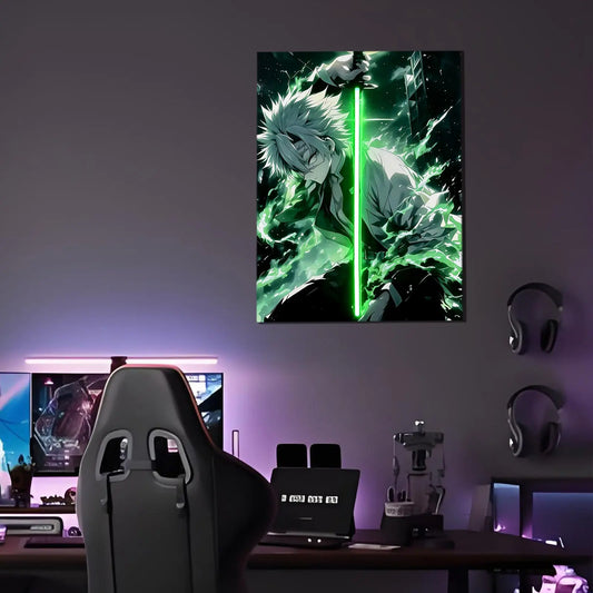 Singeee Sanemi demon slayer neon poster and neon sign in gaming room with gaming chair