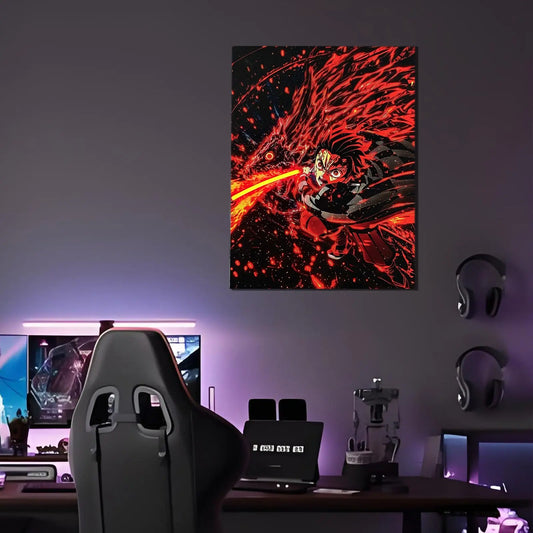 Singeee Tanjiro demon slayer neon poster and neon sign on the wall of  the game room