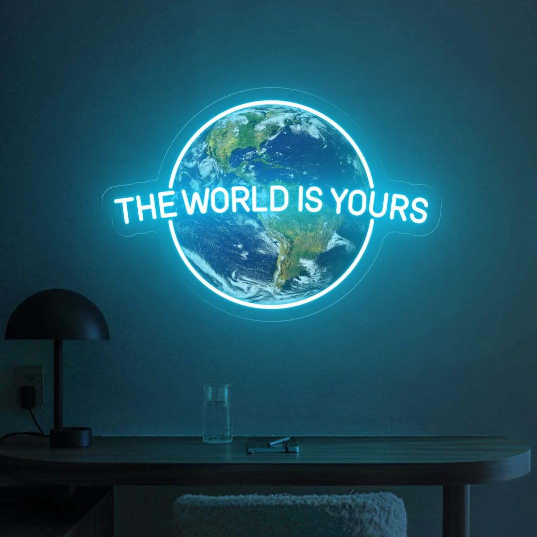 「The World is Yours」UVプリントネオンサイン - ご自宅やギフトの装飾に最適な、感動的なLEDライト
