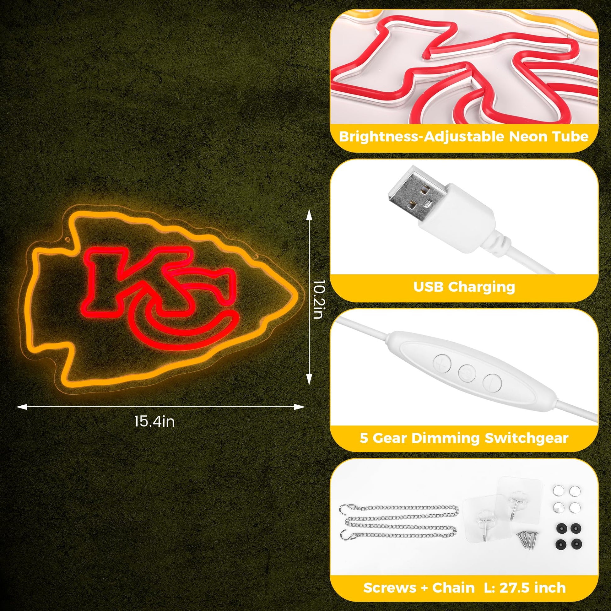 Kansas City Chiefs Team Logo Football Neon Sign size