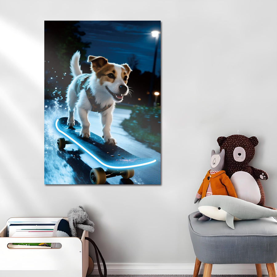 スケートボードをする犬のネオンポスター
