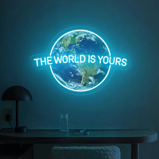 「The World is Yours」UVプリントネオンサイン - ご自宅やギフトの装飾に最適な、感動的なLEDライト